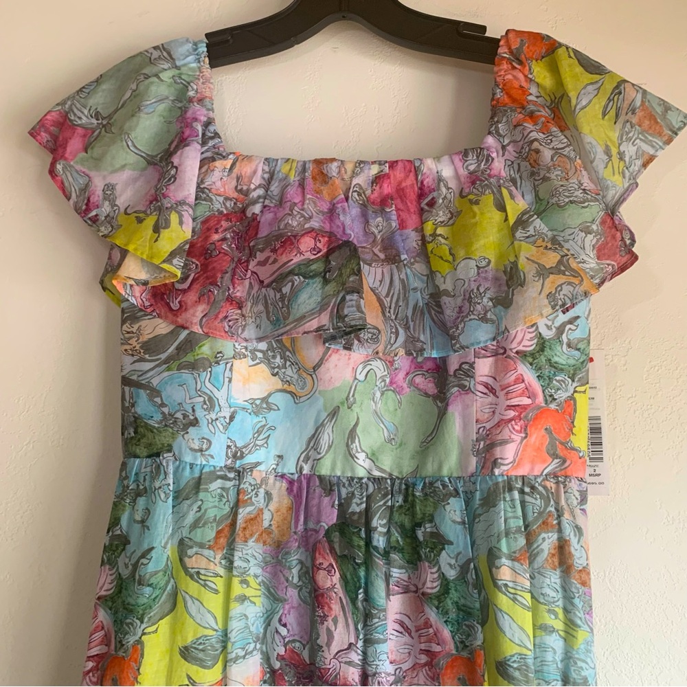 NWT Alice + Olivia Ruffled Off Shoulder Maxi Dress - Multi Print Boho Maxi Dress - Picture 12 of 15